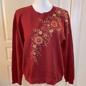 Alfred Dunner Sweater. Rust with floral embroidery. Size Petite L